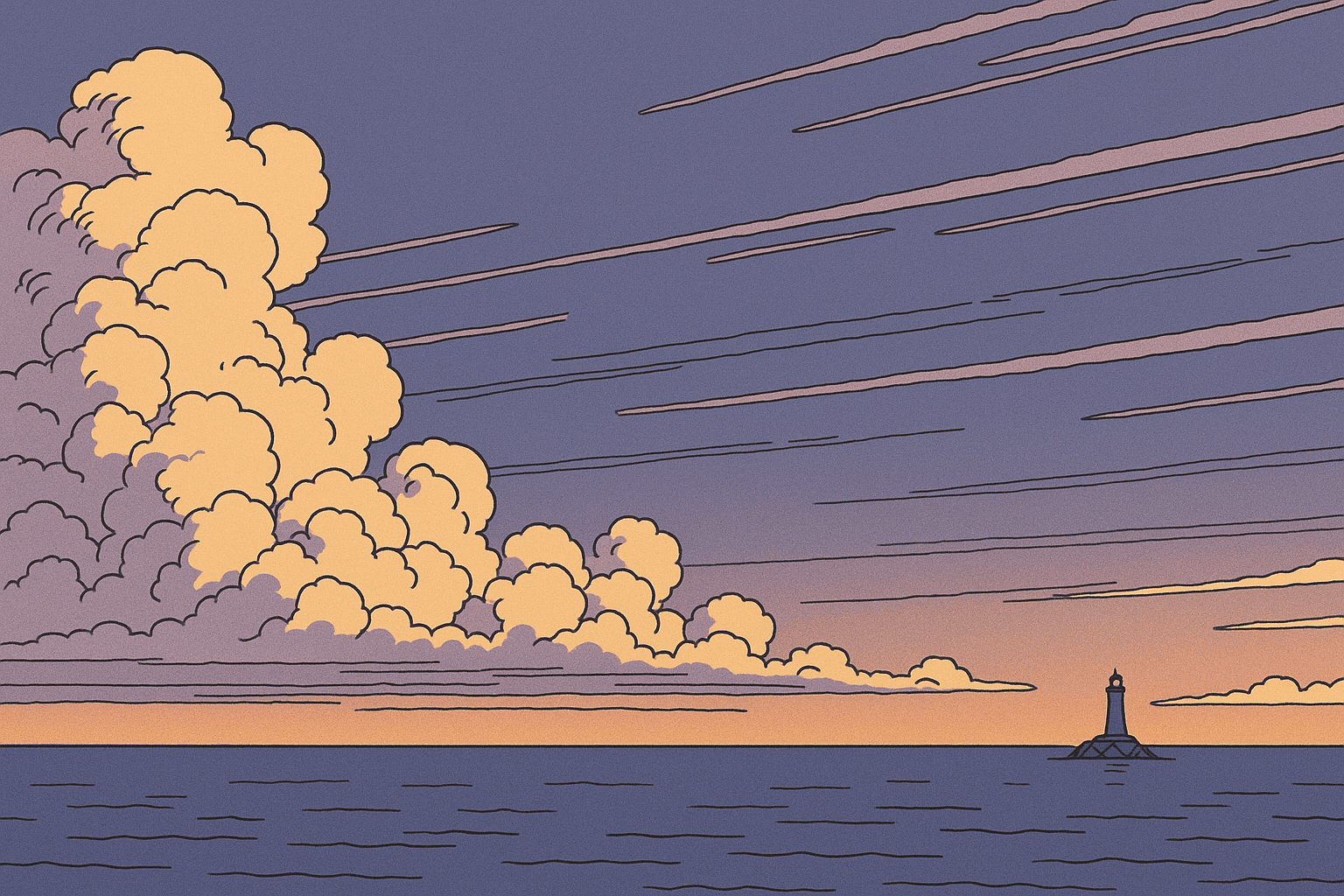 Hand-drawn sunset clouds over an open sea